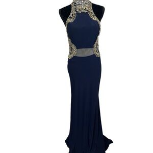 Alyce Paris | Navy Prom Dress with Gold and Silver Accents | Sz 8